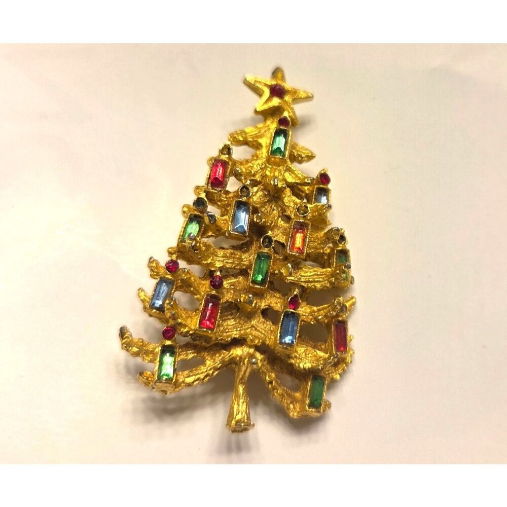 VTG Christmas Tree Brooch Pin Rhinestones gold tone Holiday Jewelry Classic - Picture 6 of 6